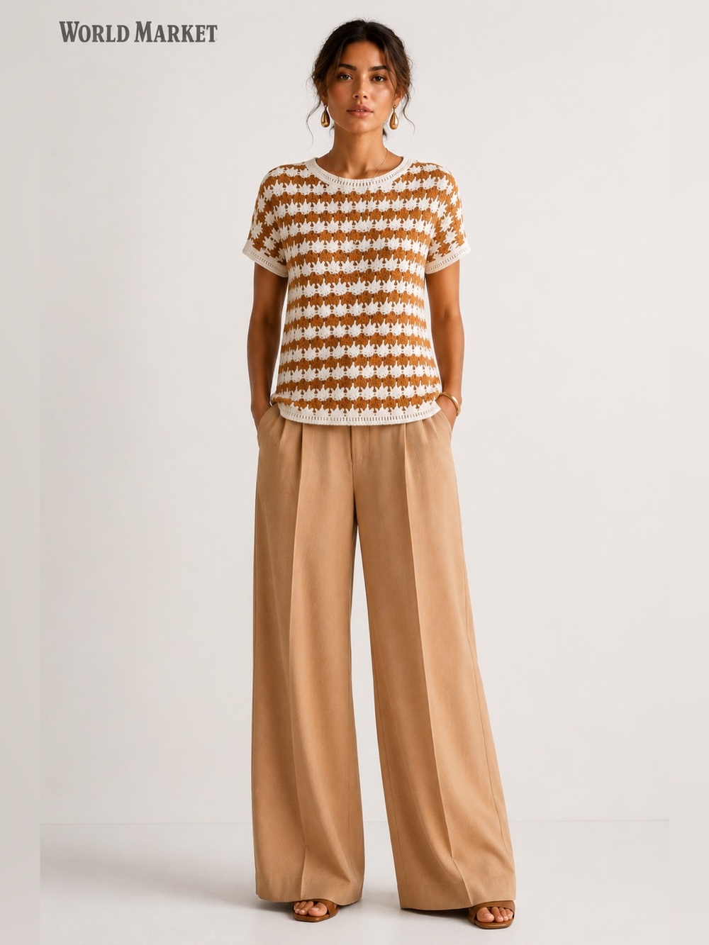 World Market Crochet‎ Knit Short Sleeve Top Size S/M Brown Cream Boho